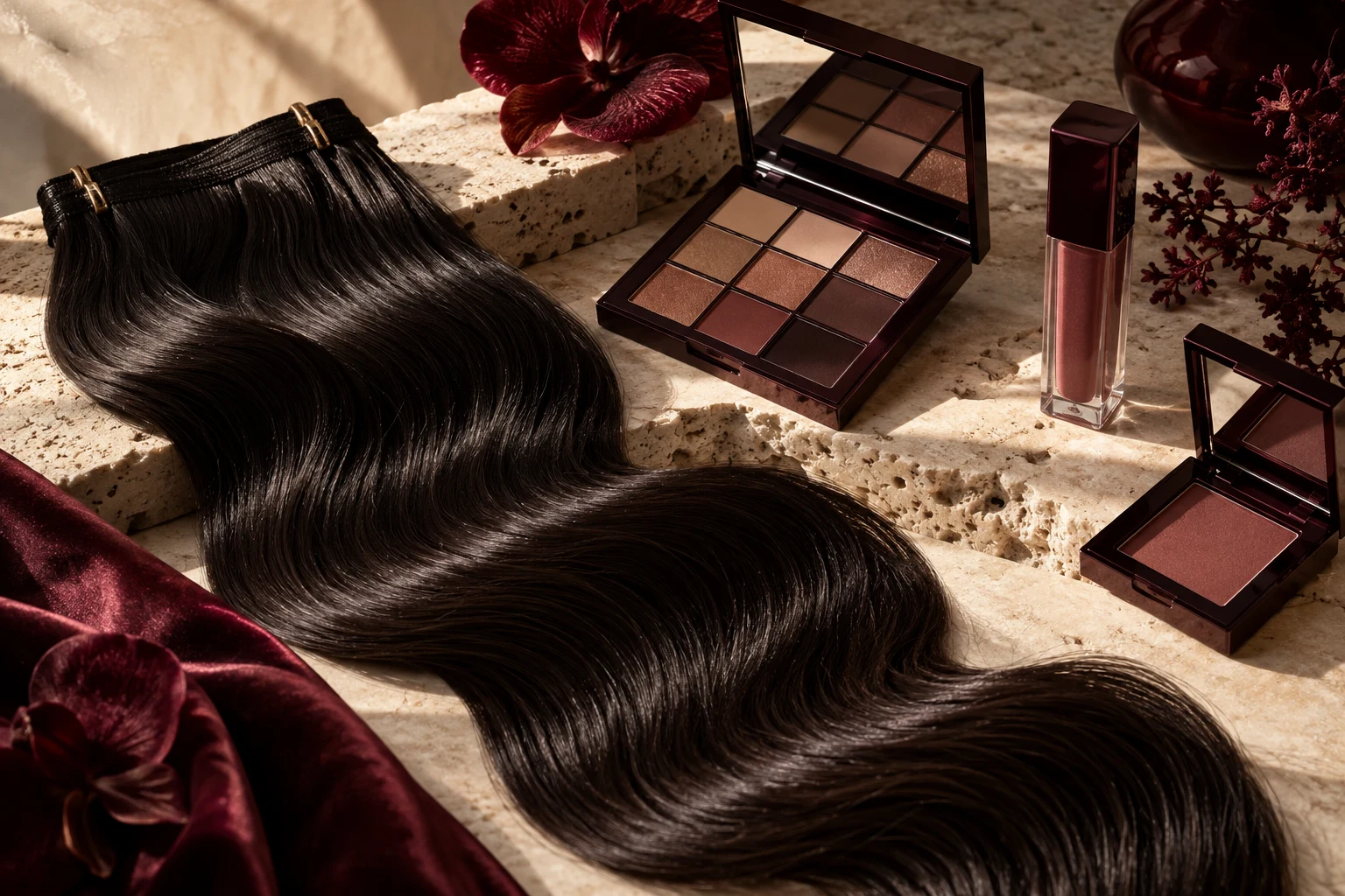 Beauty campaign with hair extensions and makeup on ivory stone